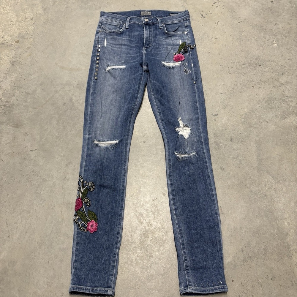 Agolde Women's Jeans Sophie Size 27 Blue Denim Floral Embroidered Studded